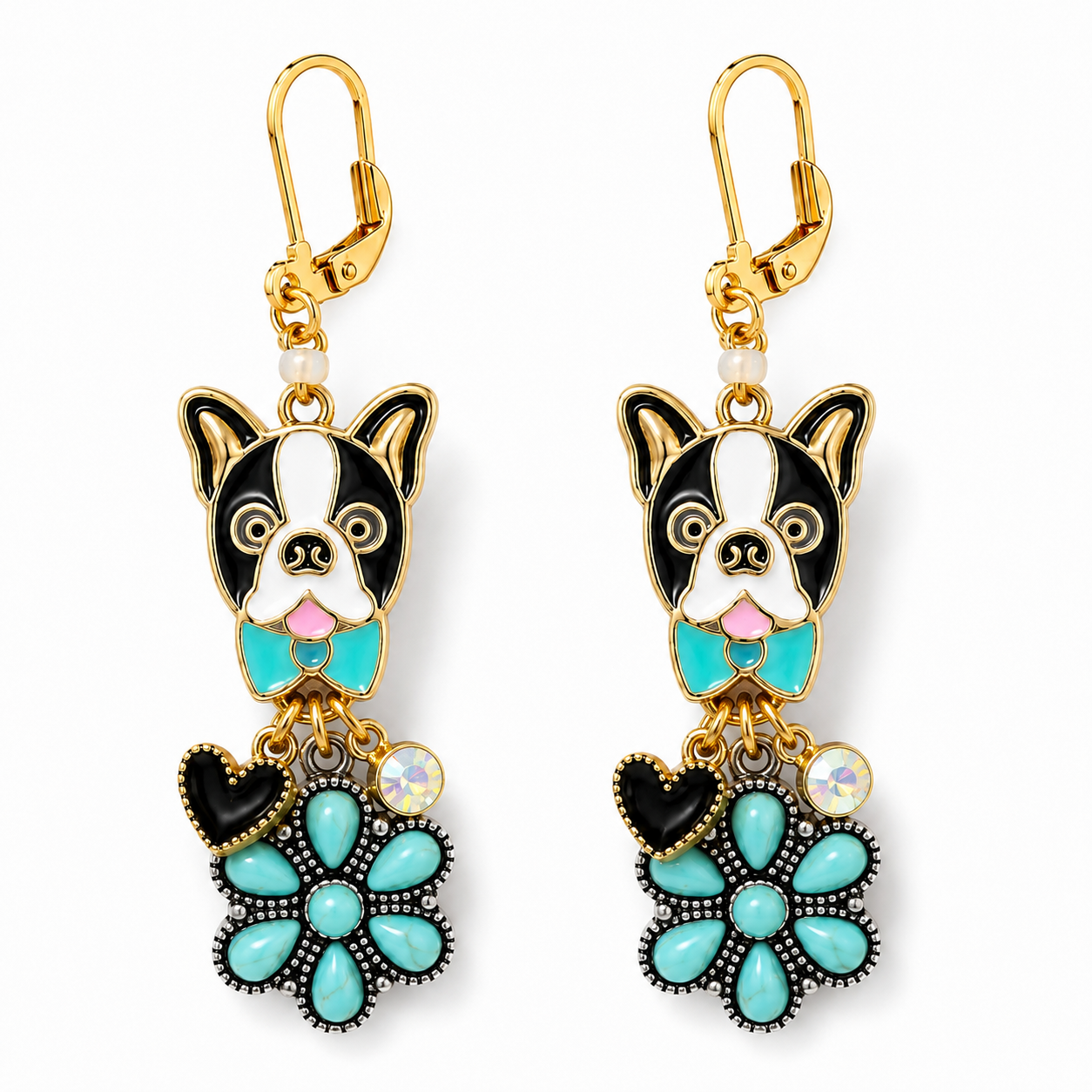 Handmade French Bulldog & Turquoise Flower Earrings by D.K. Tlustos