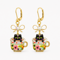 Handmade Whimsical Black Kitten in a Teacup Earrings by D.K. Tlustos