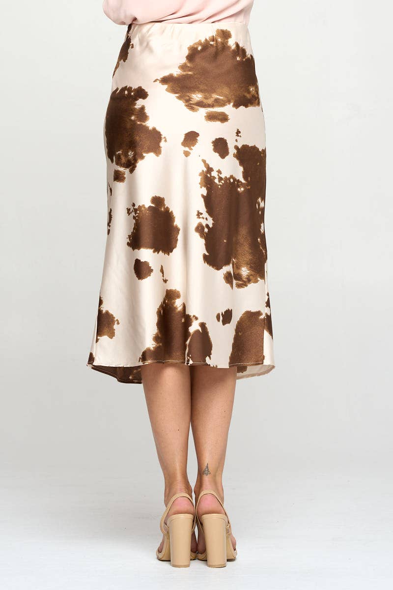 Cow Print Satin Midi Slip Skirt
