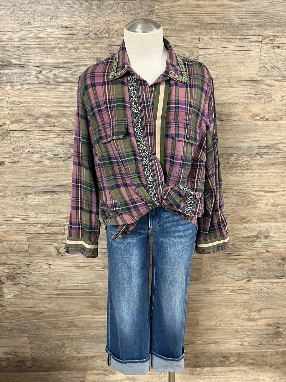 Purple and Olive Flannel Embellished by Trish - Size Large
