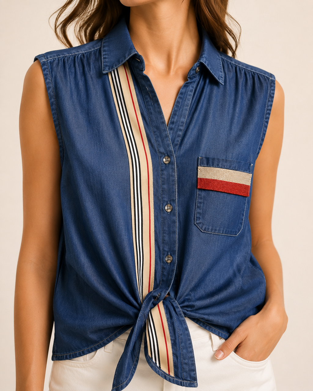 Sleeveless Denim Stripe Tie Blouse Embellished by Trish - Size Medium