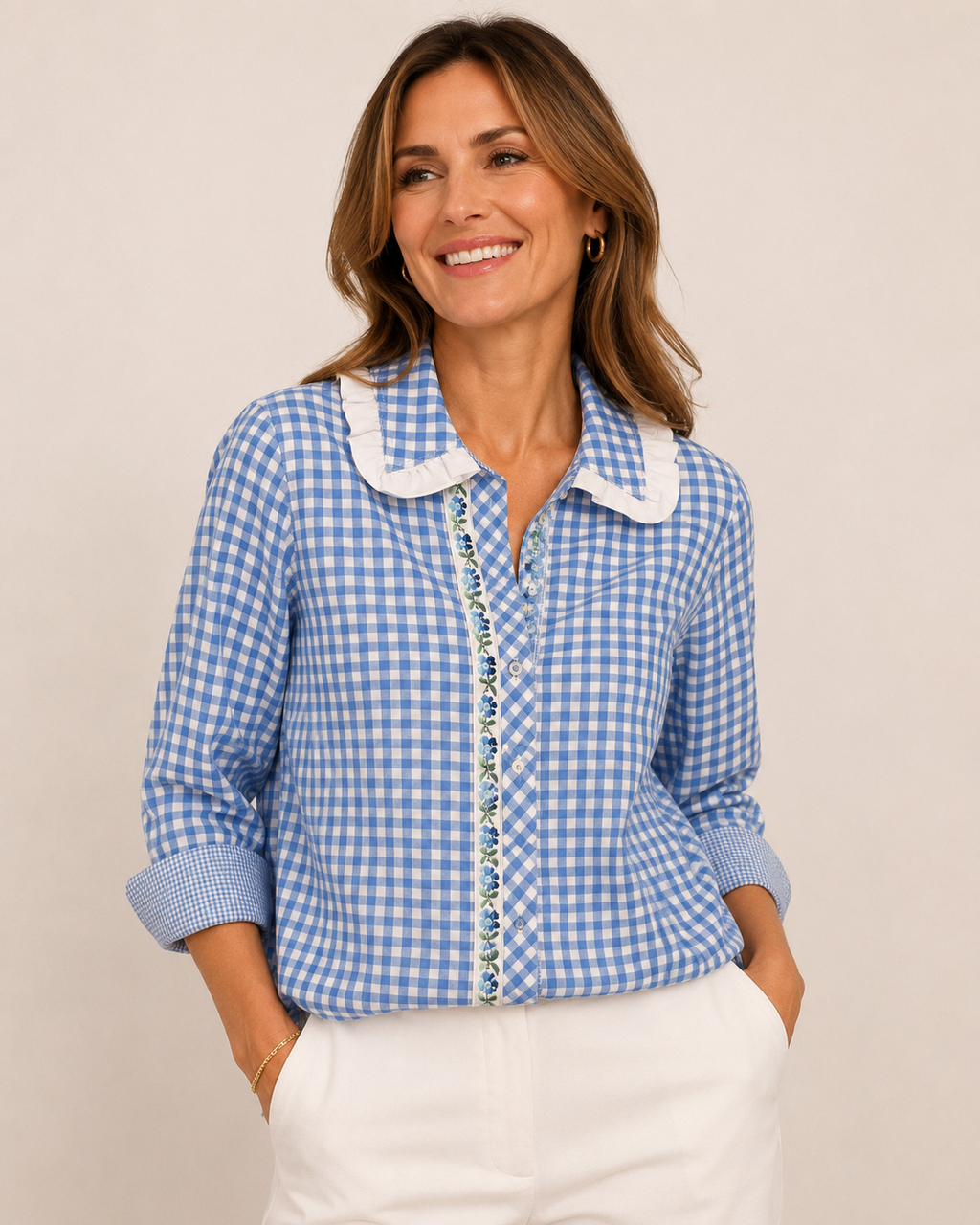 Hand-Embellished Blue Gingham Ruffle Collar Blouse by Trish - Size Medium Petite