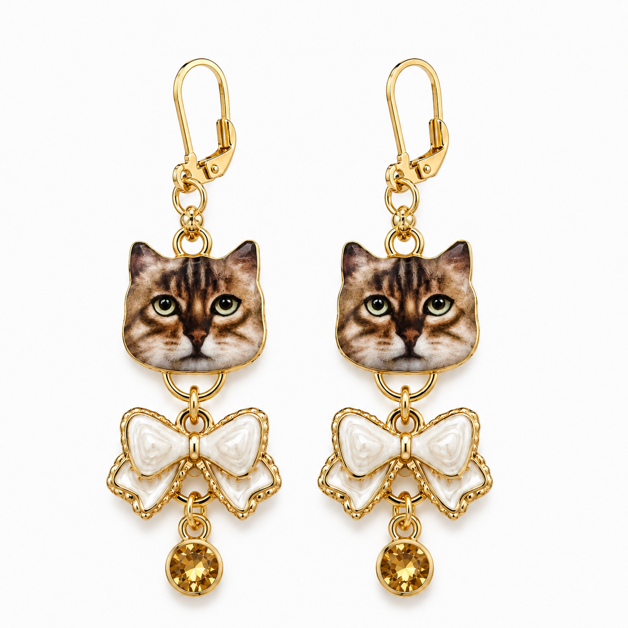 Handmade Whimsical Tabby Cat Bow Drop Earrings by D.K. Tlustos