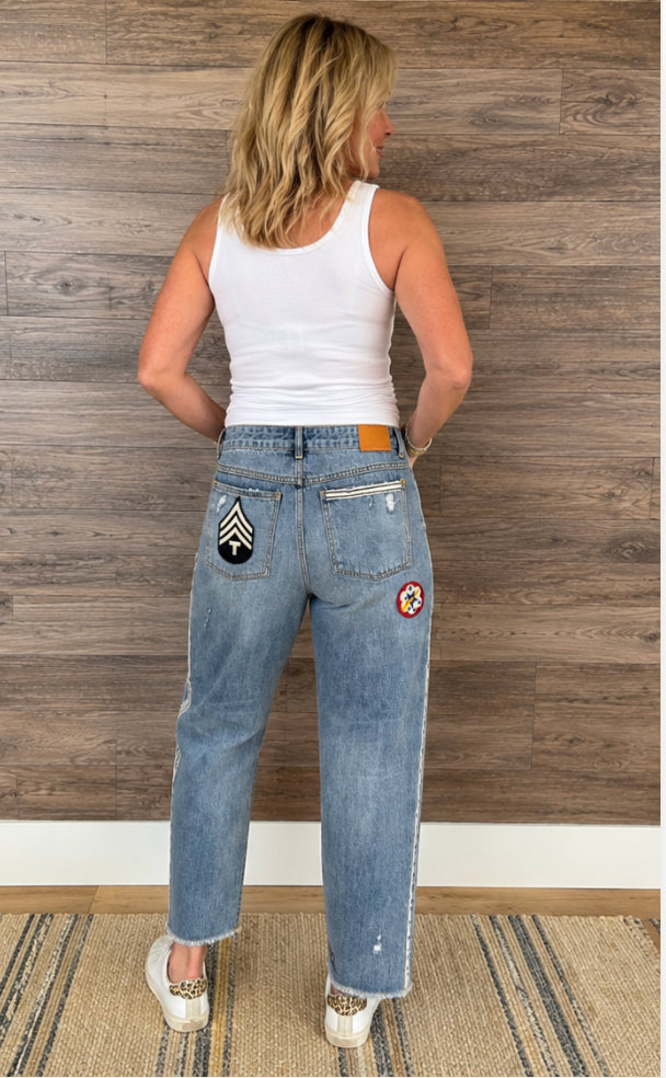 Hand-Embellished Patriotic Military Patch Boyfriend Jeans by Trishn- SIZE 10/12