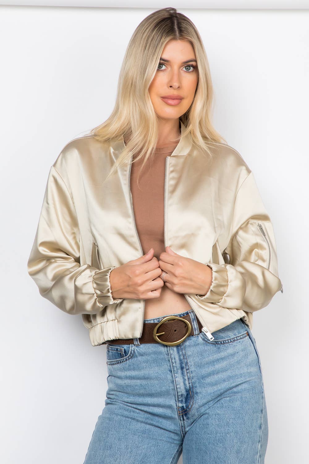 Satin Zip Up Bomber Jacket