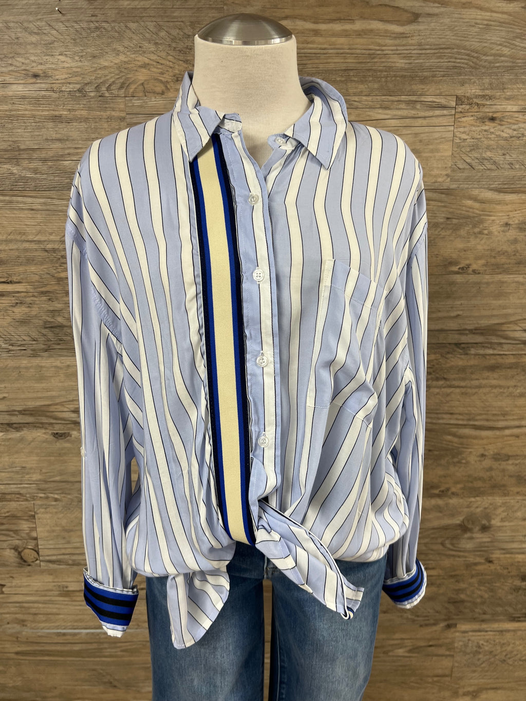 Baby Blue Striped Button-Up Blouse Embellished by Trish