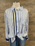 Baby Blue Striped Button-Up Blouse Embellished by Trish