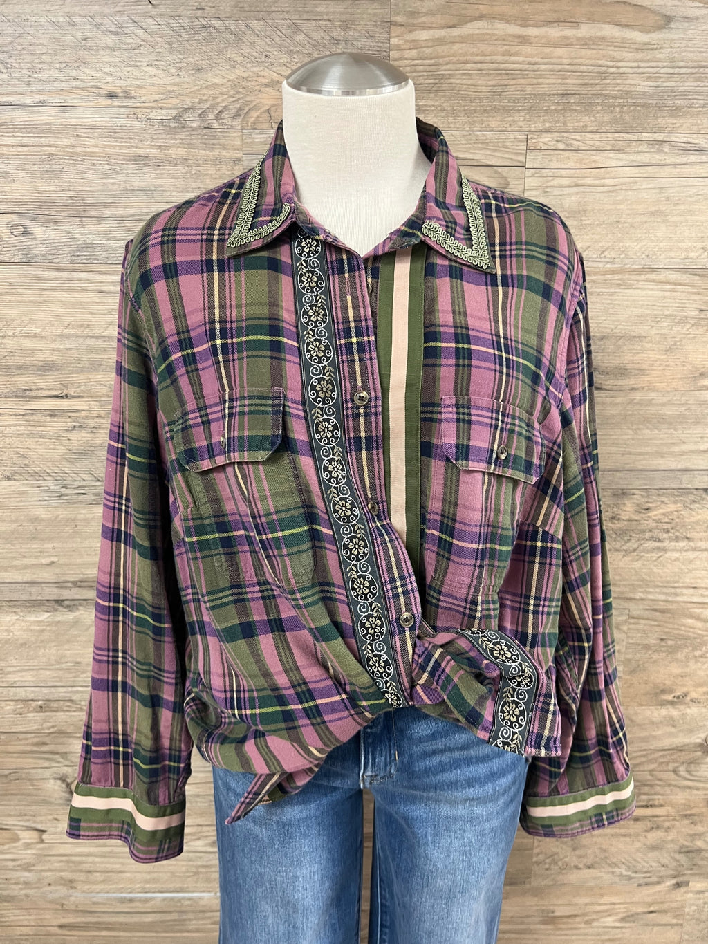 Purple and Olive Flannel Embellished by Trish - Size Large