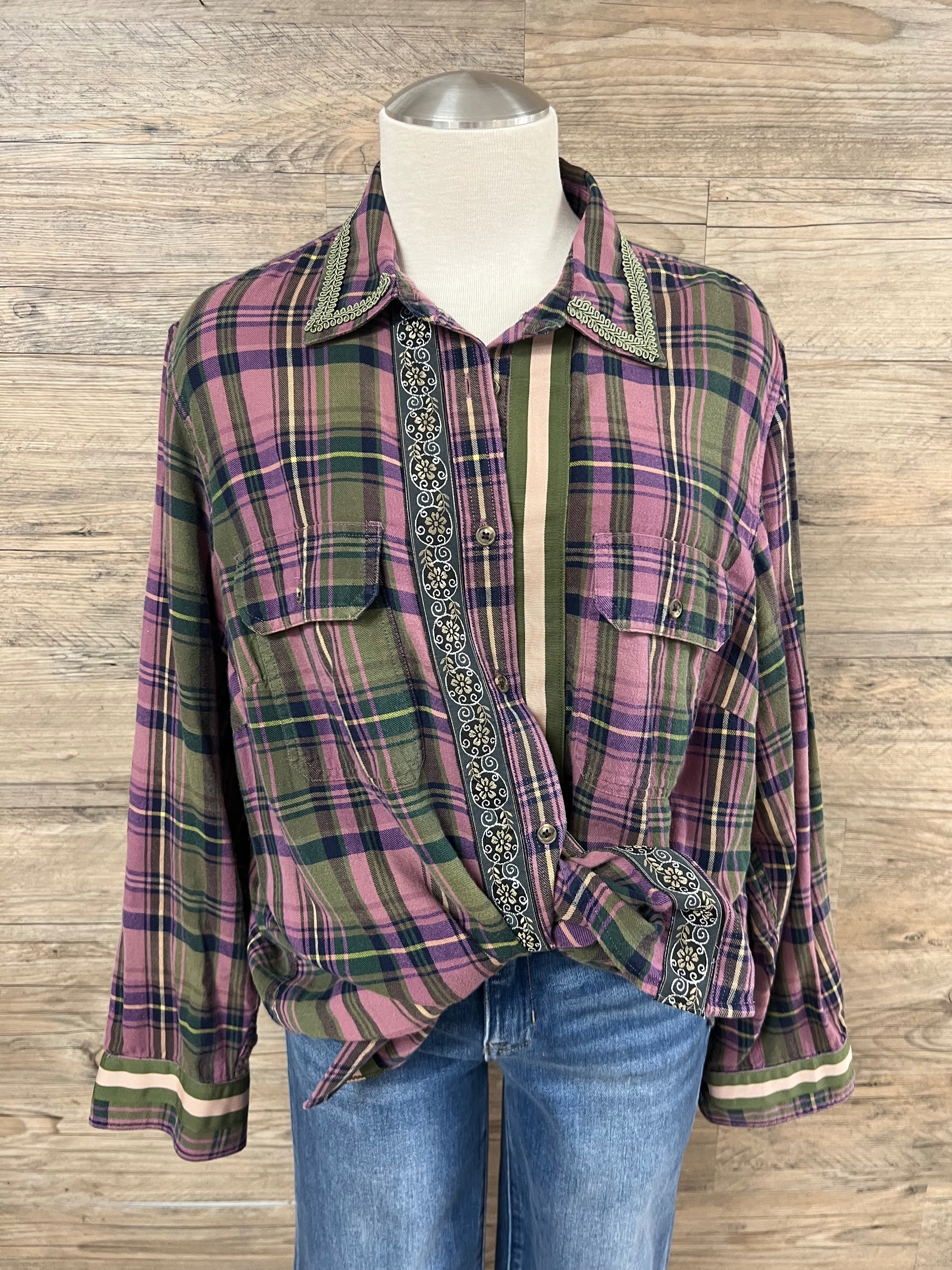 Purple and Olive Flannel Embellished by Trish - Size Large