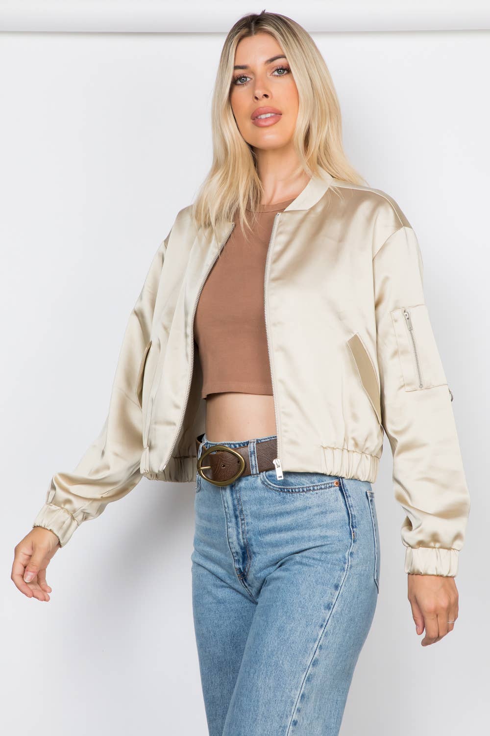 Satin Zip Up Bomber Jacket