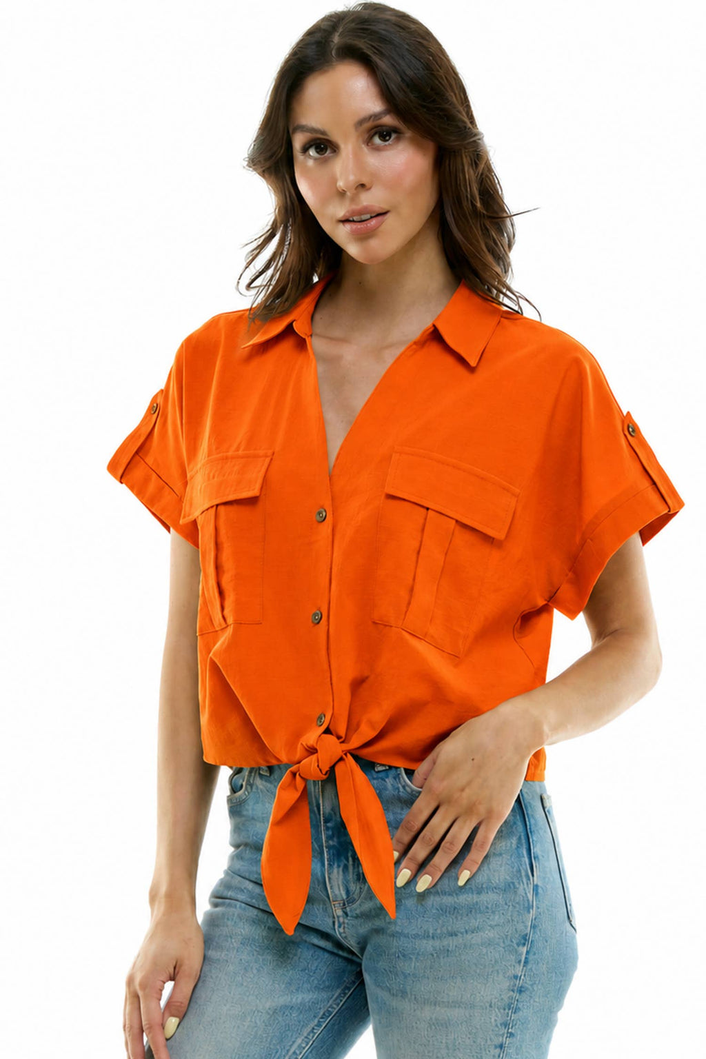 Sunset Orange Tie-Front Utility Top