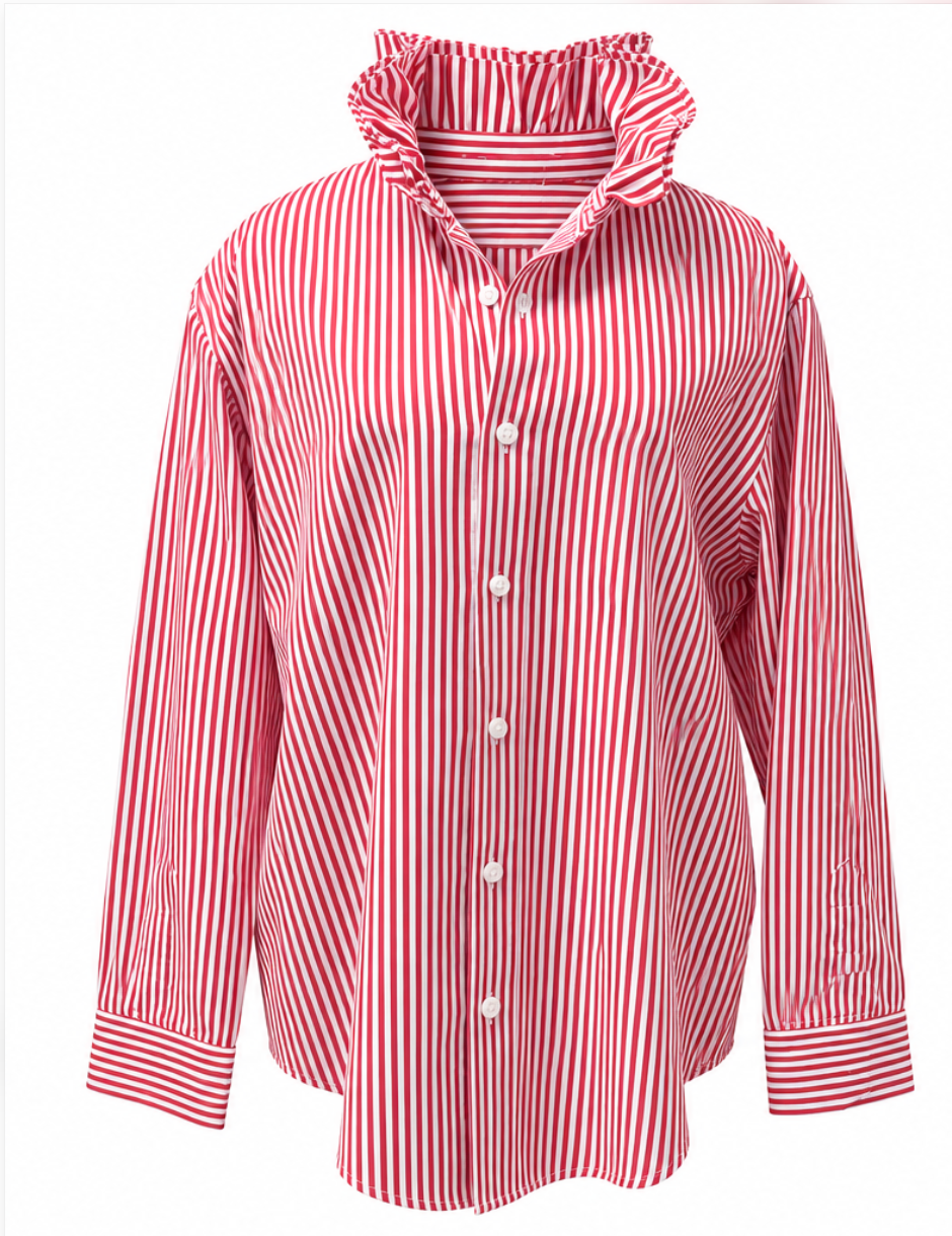 Red & White Striped Double Ruffle Collar Shirt - Embellished by Trish -Size Medium