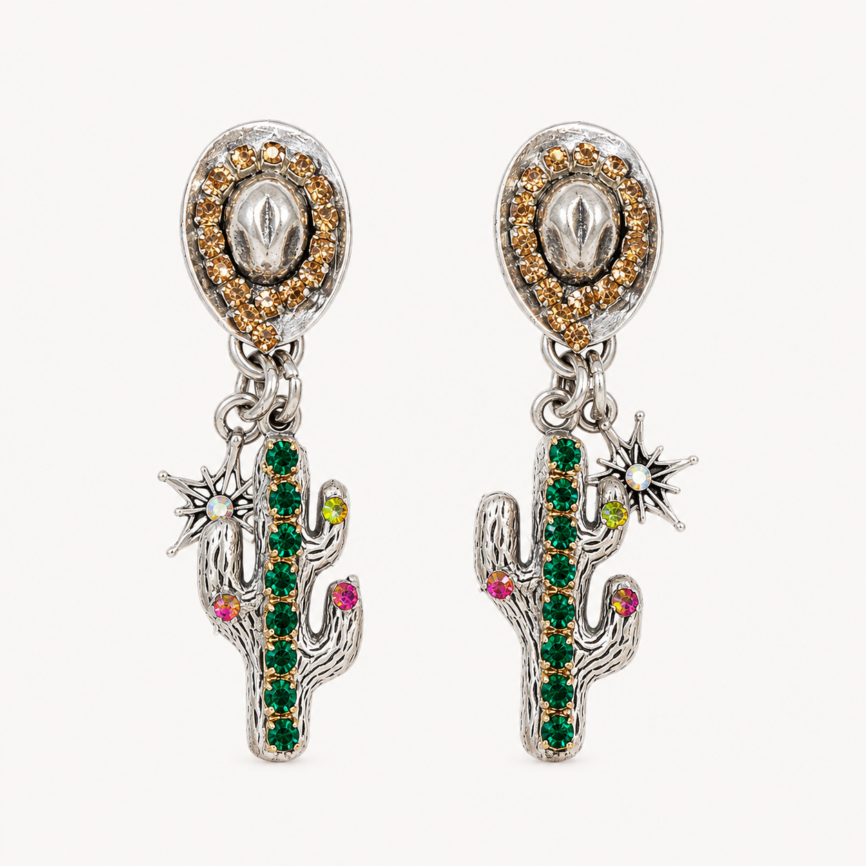 Handmade Silver Cactus & Rhinestone Cowboy Hat Earrings by D.K. Tlustos