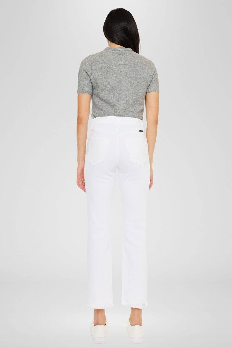 Kan Can USA - High Rise White Slim Straight Jean w/ Fray Hem