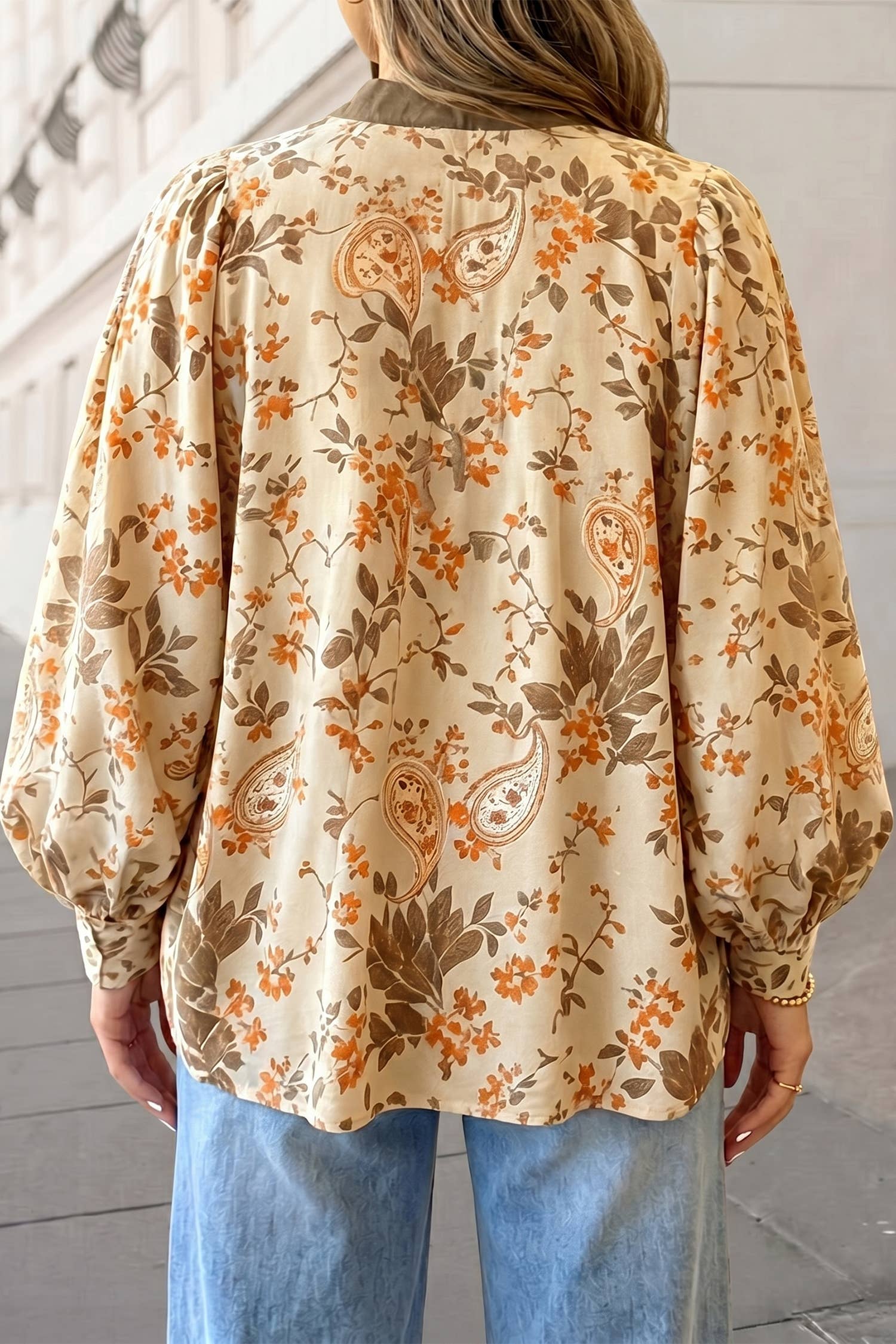 Floral Print Boho Puff Sleeves Blouse - SIZE XL