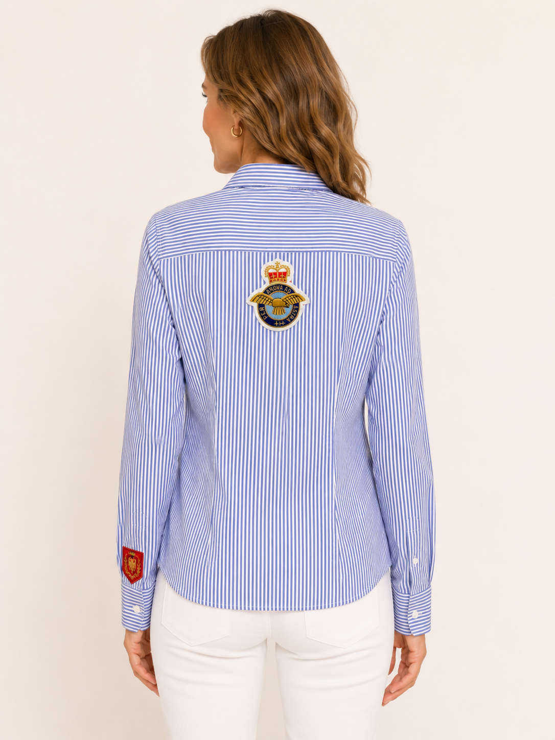 Hand-Embellished Blue Striped Patched Oxford Shirt by Trish - Size XSmall / 0