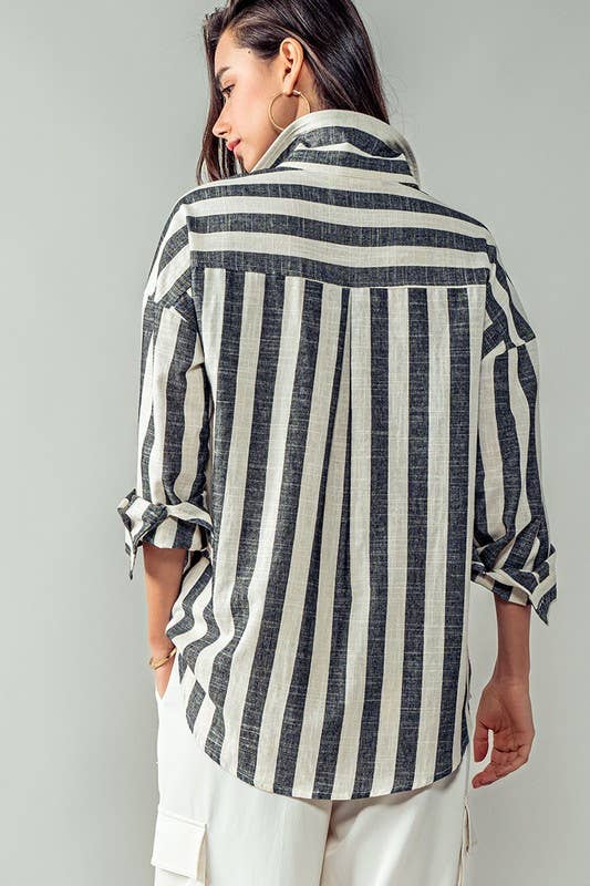 Urban Daizy - Mixed Stripe Pattern Oversized Button Down Shirt