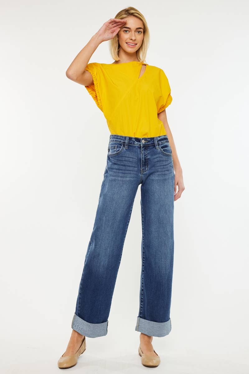 Kan Can Crater High Rise Wide Leg Cuff Jean