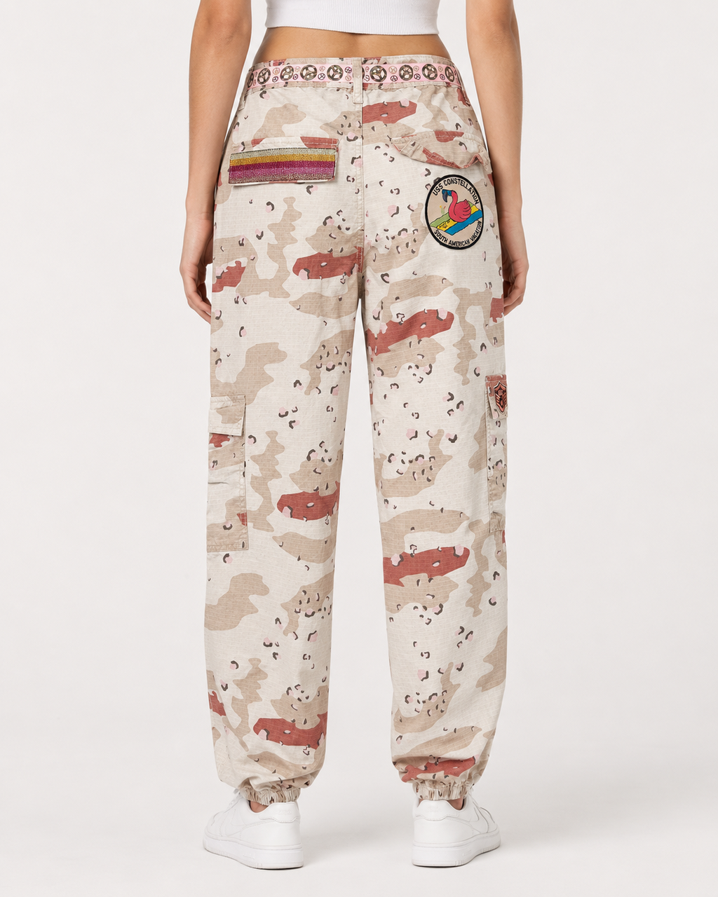 Hand-Embellished Pink & Tan Camo Patched Airborne Pants by Trish - Size Medium