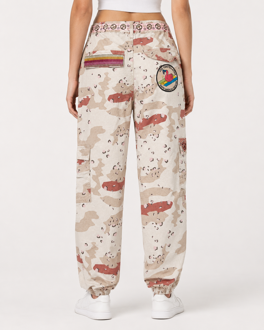 Hand-Embellished Pink & Tan Camo Patched Airborne Pants by Trish - Size Medium