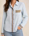 Soft Stripe Chambray Blouse Embellished by Trish - Size Small