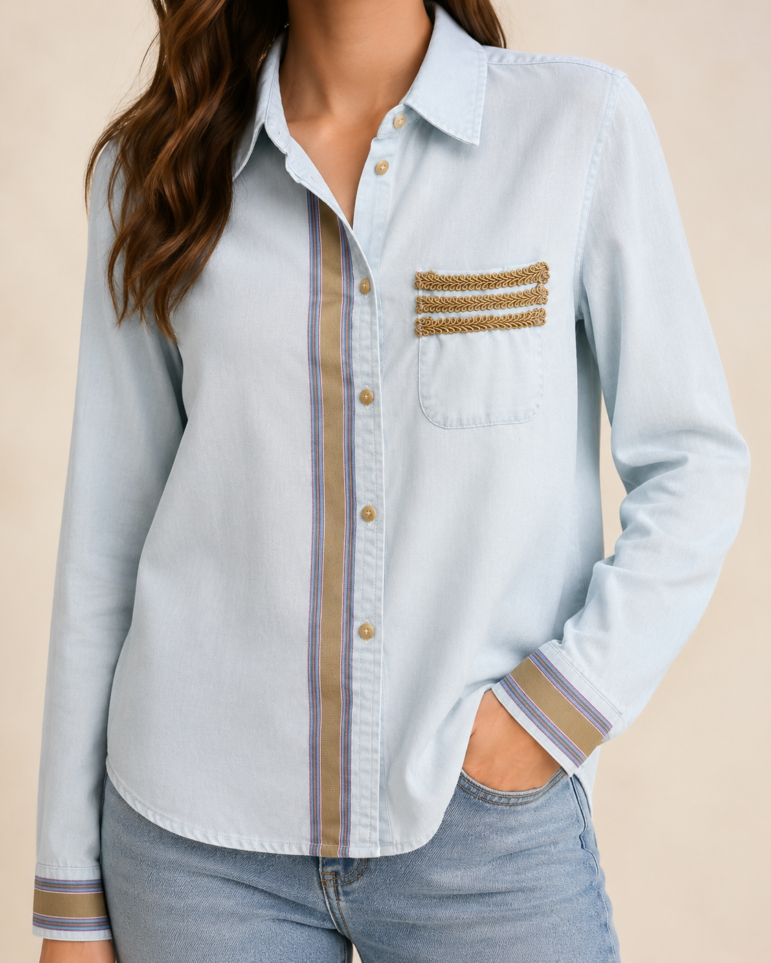 Soft Stripe Chambray Blouse Embellished by Trish - Size Small