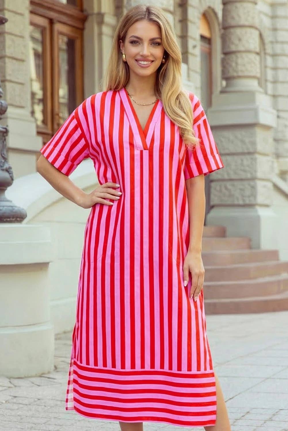 1 the Woman - V Neck Vibrant Striped Cuffed Sleeve Split Hem Midi Dress
