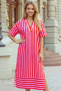 1 the Woman - V Neck Vibrant Striped Cuffed Sleeve Split Hem Midi Dress