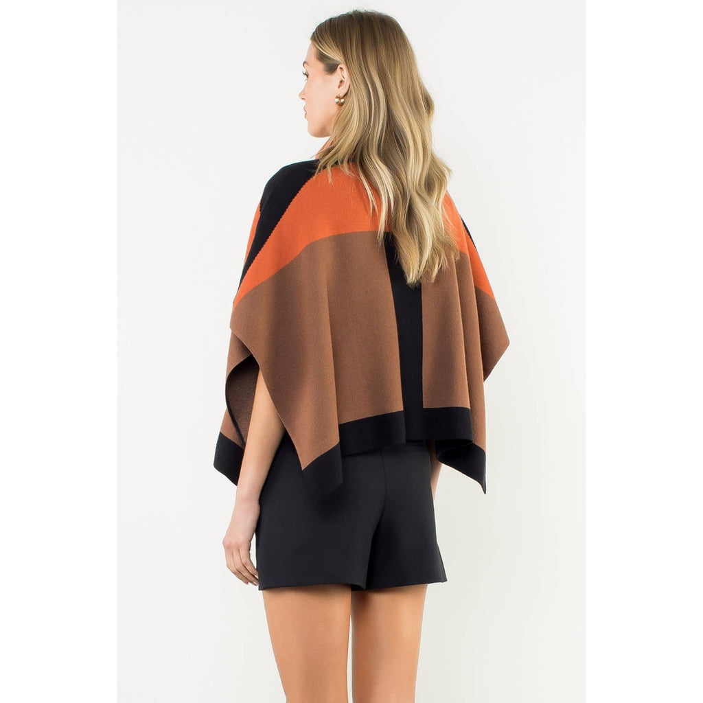Colorblock Turtleneck Knit Poncho