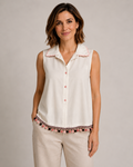 Hand-Embellished Silk Ivory Pom Pom Sleeveless Shirt by Trish - Size Medium