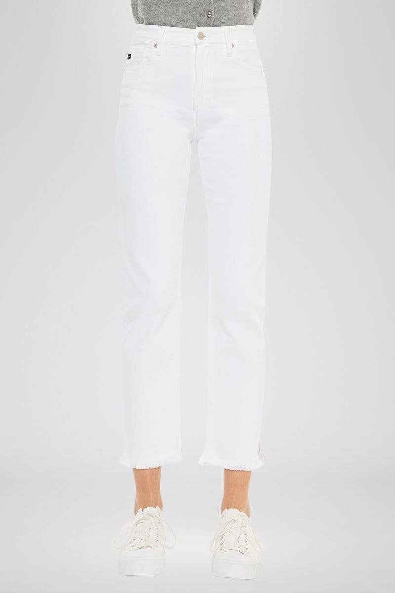 Kan Can USA - High Rise White Slim Straight Jean w/ Fray Hem