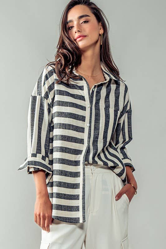 Urban Daizy - Mixed Stripe Pattern Oversized Button Down Shirt