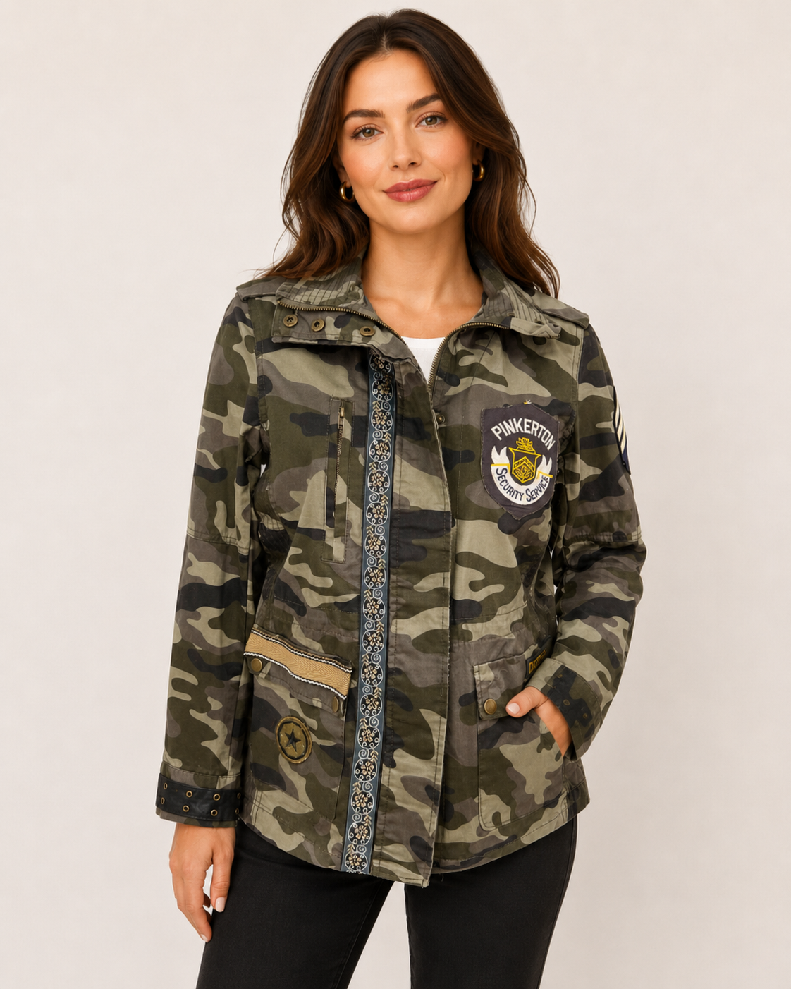 Hand-Embellished Camo Pinkerton Patched Jacket by Trish - Size Small