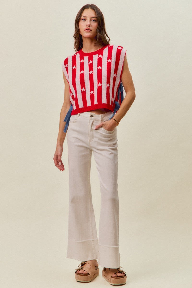 Mid Rise Stripe Frayed Roll Up Hem Wide Leg Jeans