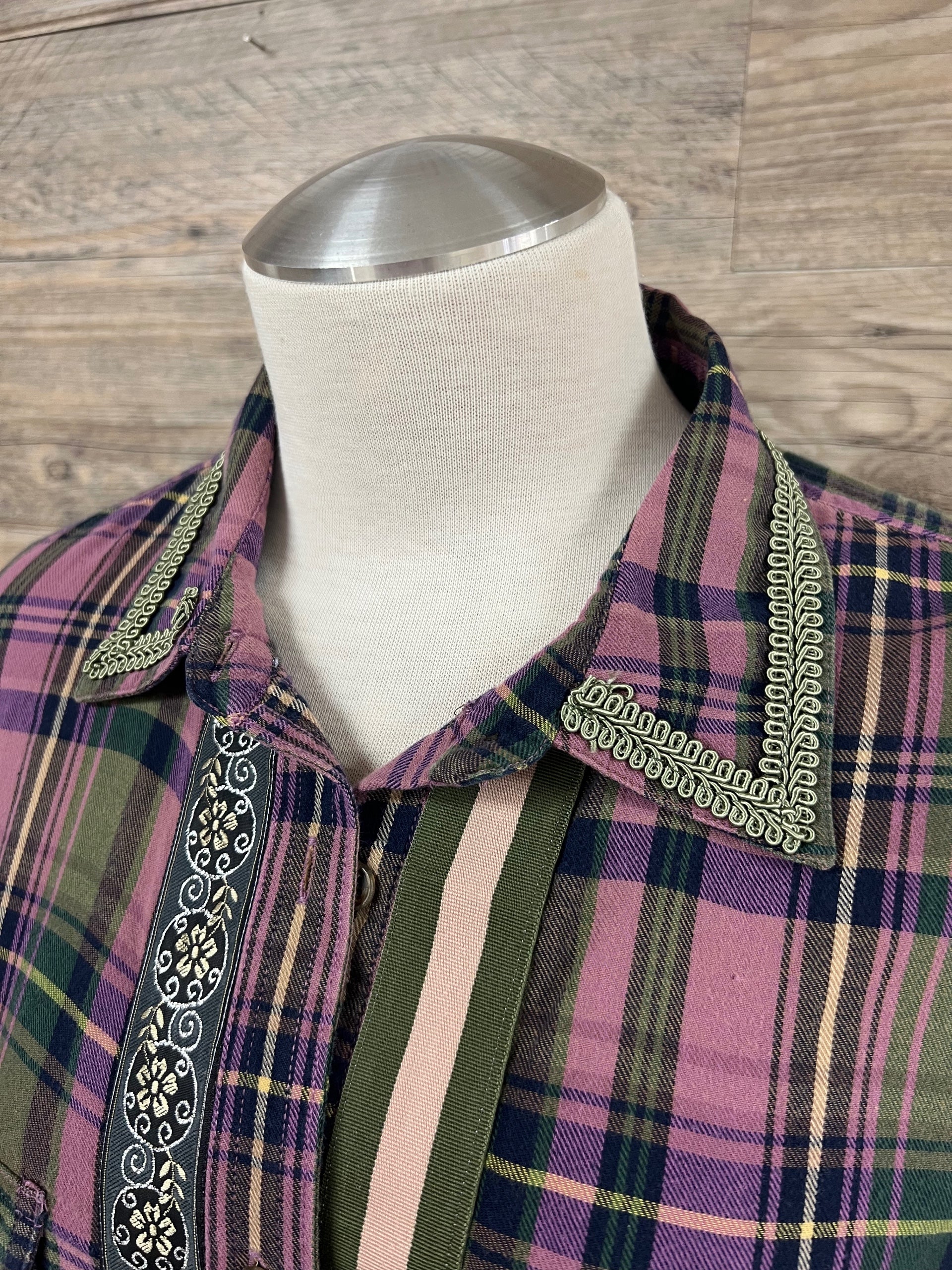 Purple and Olive Flannel Embellished by Trish - Size Large
