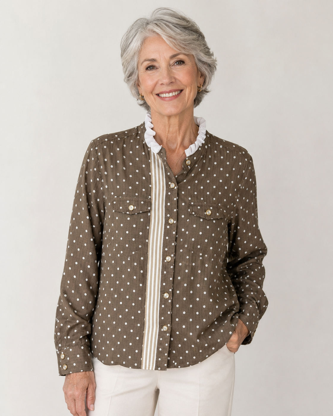 Hand-Embellished Brown Taupe Dot Blouse by Trish Size X-Small
