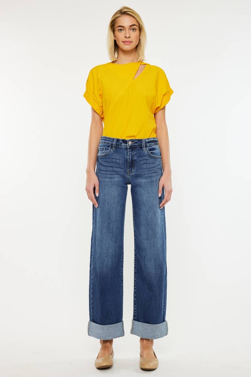 Kan Can Crater High Rise Wide Leg Cuff Jean