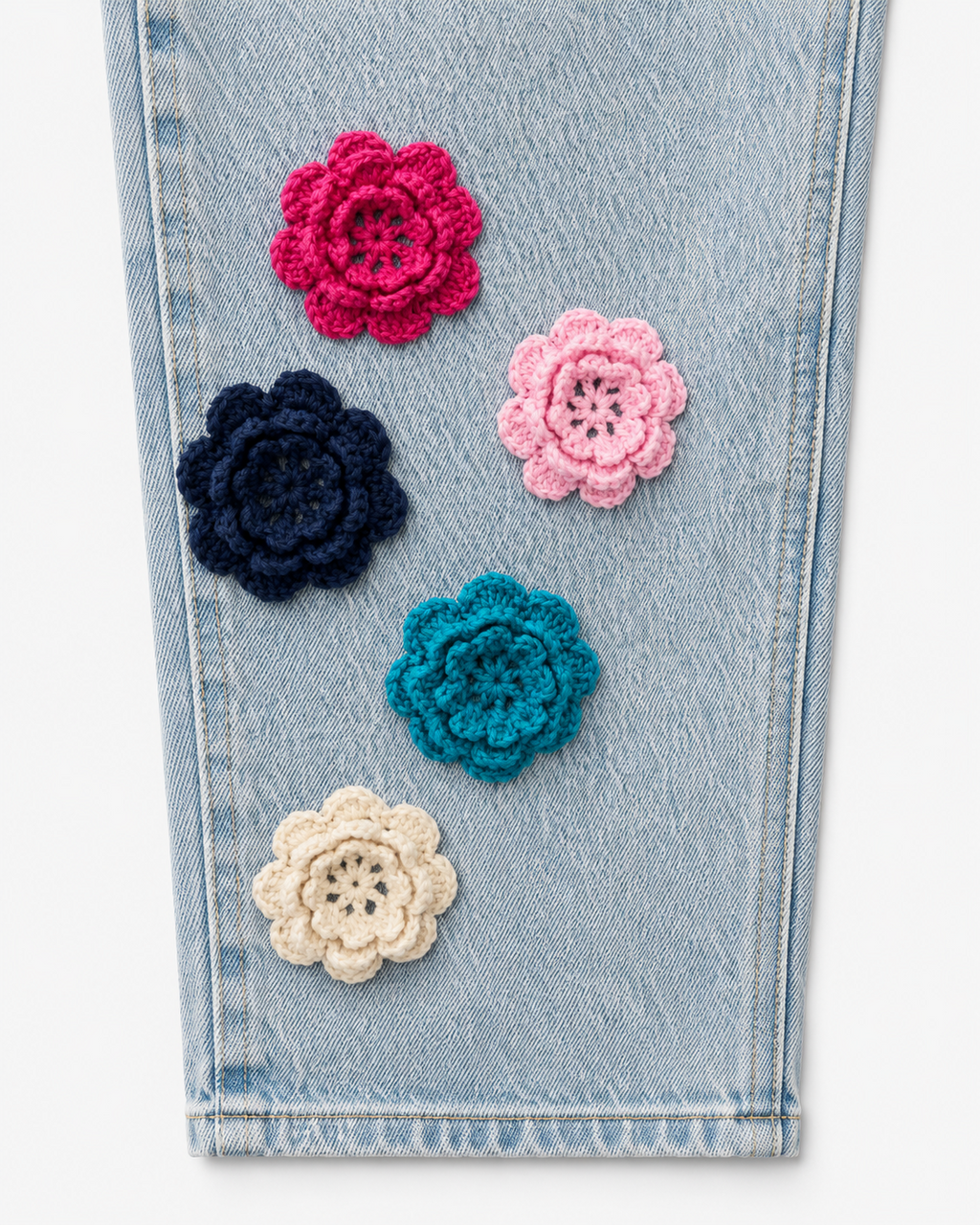 Crochet Flower Light Wash Jeans Embellished by Trish - Size 8