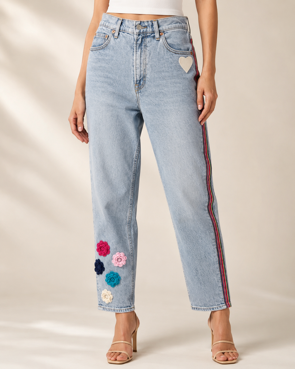 Crochet Flower Light Wash Jeans Embellished by Trish - Size 8