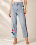 Crochet Flower Light Wash Jeans Embellished by Trish - Size 8