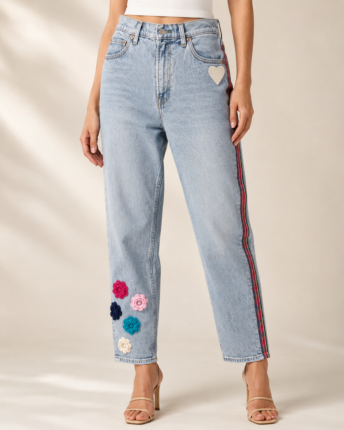 Crochet Flower Light Wash Jeans Embellished by Trish - Size 8