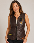 Hand-Embellished Brown Leather Patch Vest by Trish - Size Small