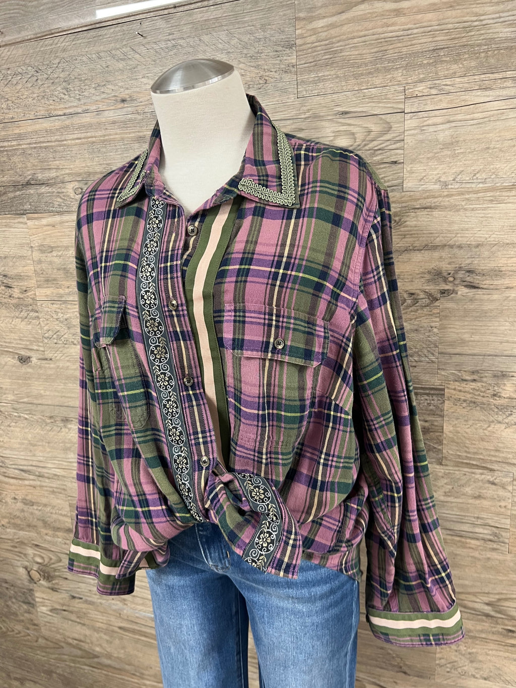 Purple and Olive Flannel Embellished by Trish - Size Large