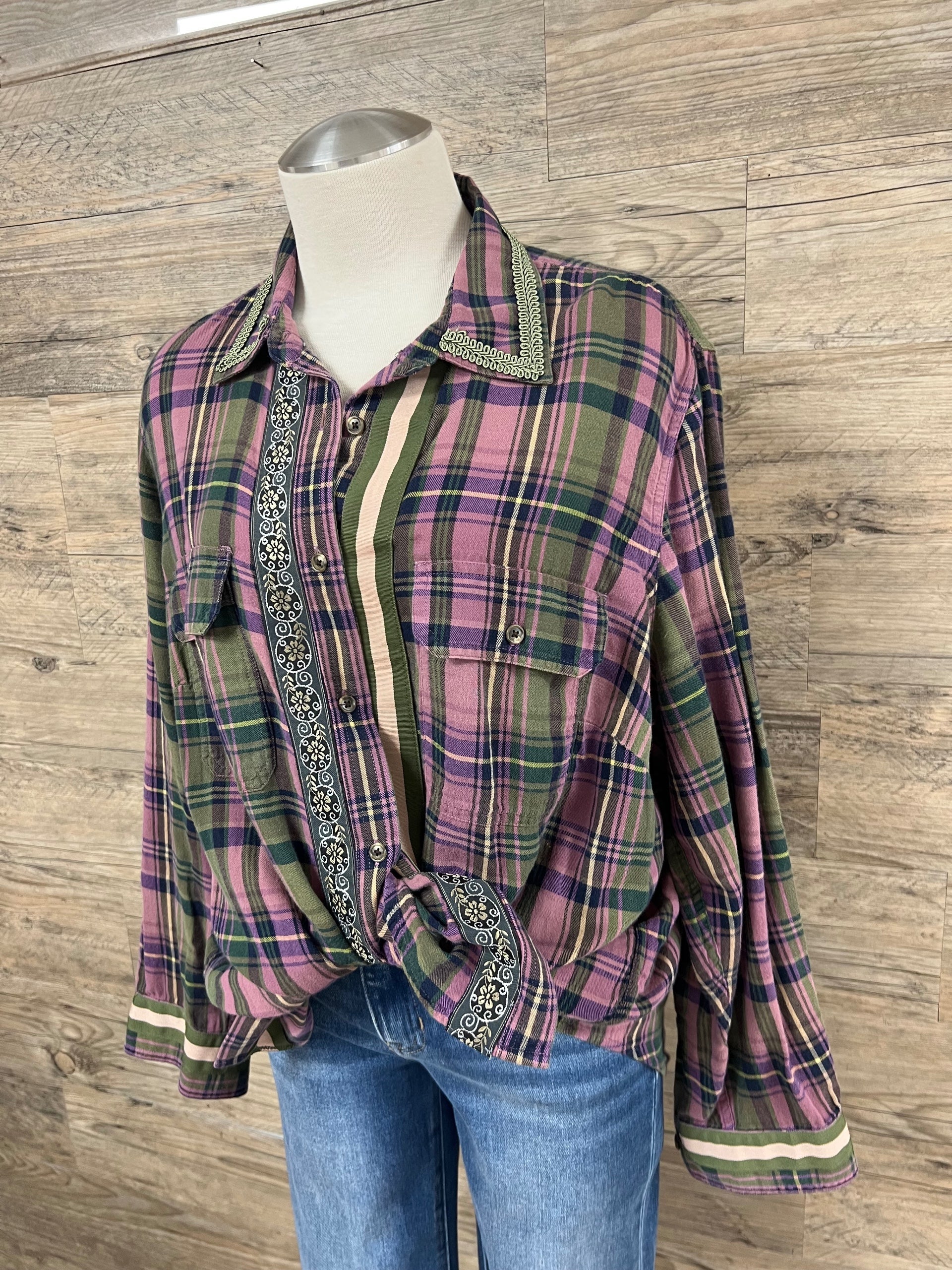 Purple and Olive Flannel Embellished by Trish - Size Large