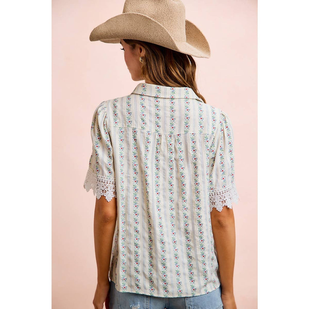 FLORAL WITH CRINKLE RAYON LACE TRIM COLLARED TOP