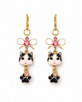 Handmade Whimsical White Kitten Earrings w/ Pink Bows and Black Paws by D.K. Tlustos