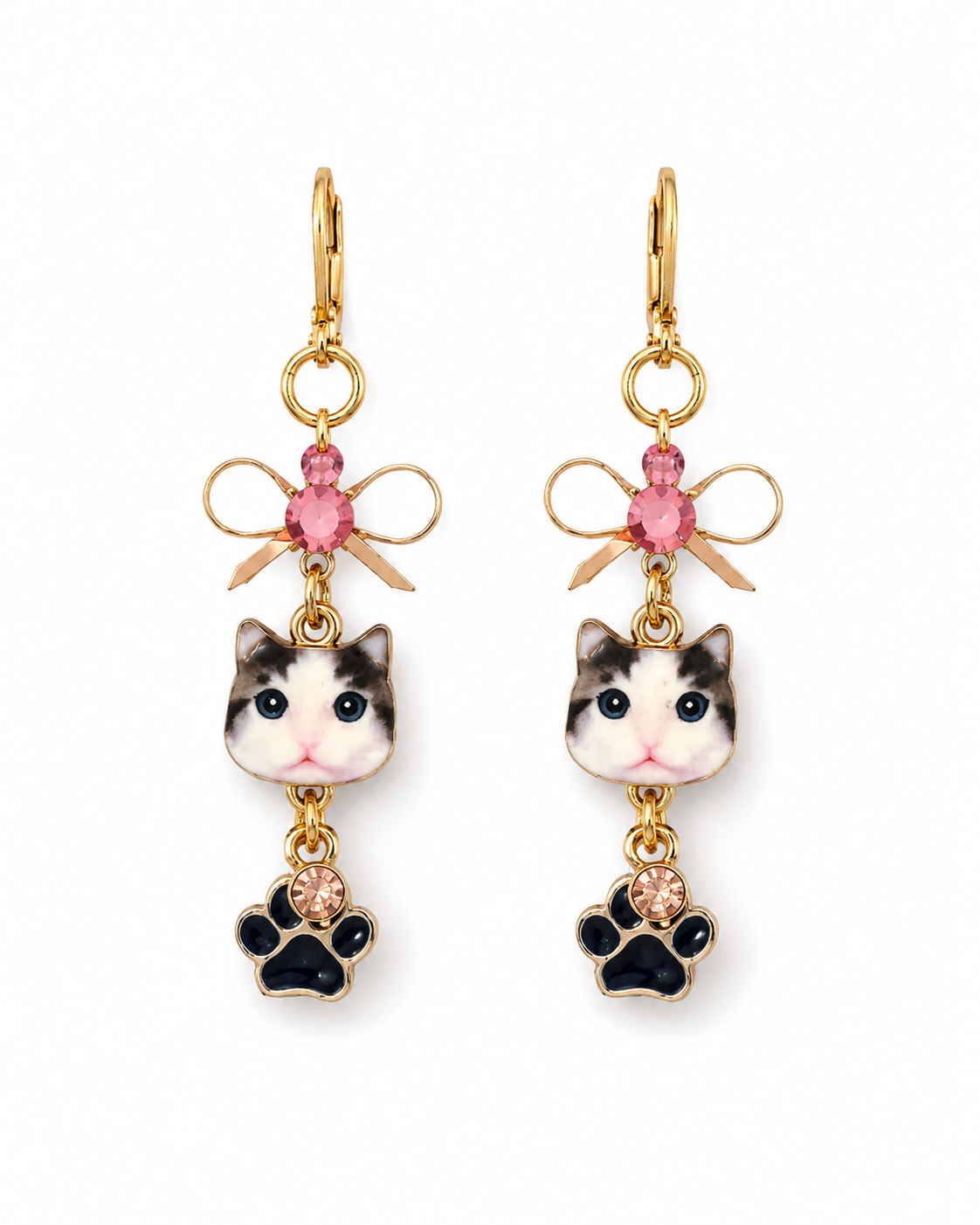 Handmade Whimsical White Kitten Earrings w/ Pink Bows and Black Paws by D.K. Tlustos