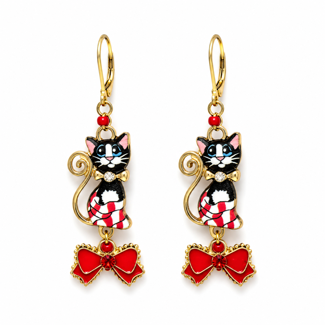 Handmade Black Cat & Red Bow Earrings by D.K. Tlustos