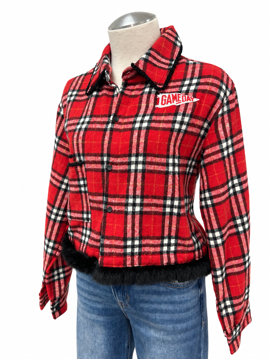 'Gameday' Embellished Plaid Jacket with Fur - Size Small