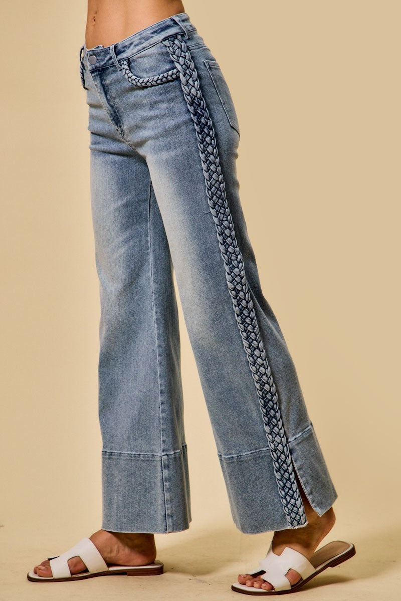 Wide Leg Flare Denim Jeans With Side Braids